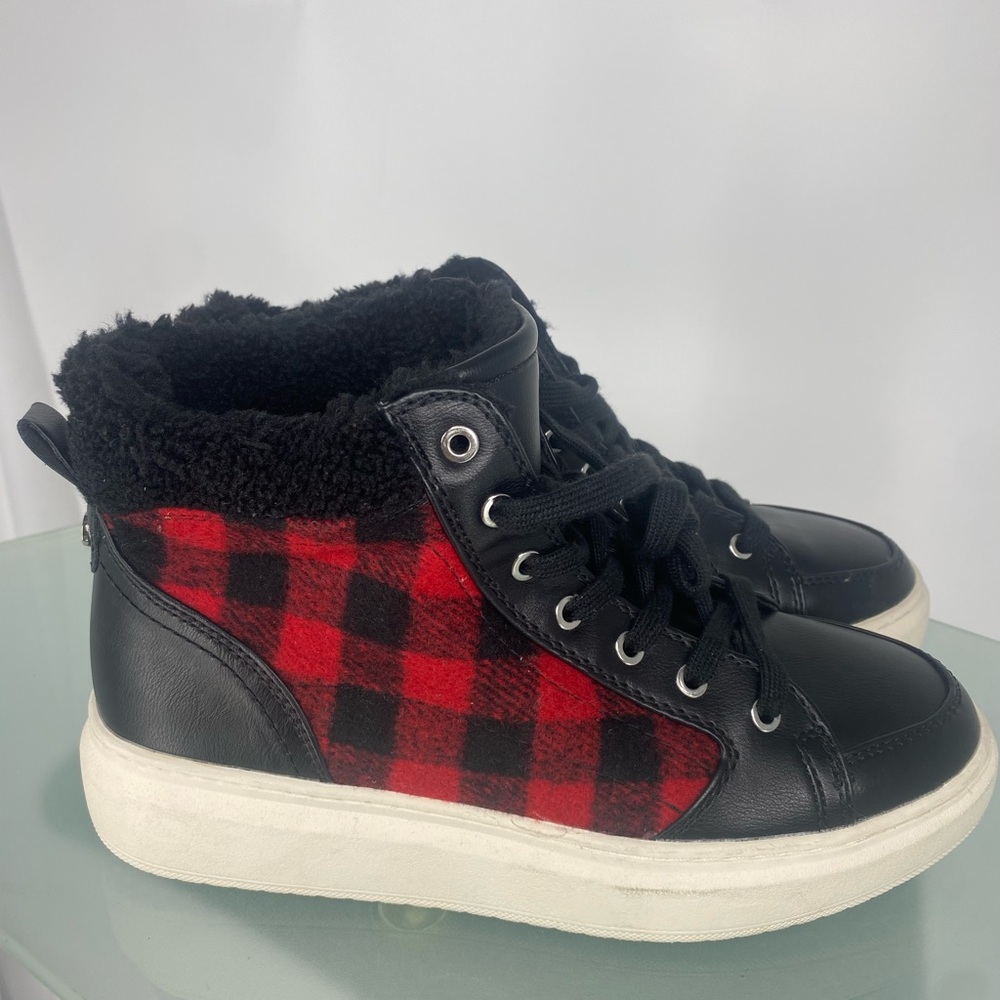 Marc Fisher Fellow Cozy High-Top Sneakers | Plaid & Faux Shearling | Size 8.5 - Picture 2 of 9